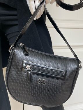 Charles Jourdan Paris Black Textured Crossbody Bag Patent Trim Y2K Shoulder